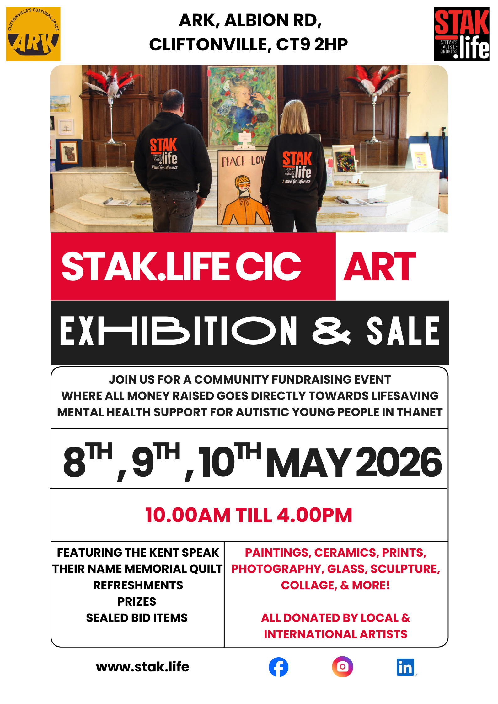 Poster advertisng Stak.Life Art Exhibition 8-10 May 2026