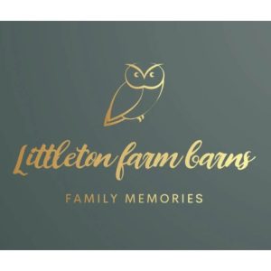 gold image and lettering depiction and owl and Littleton Farm Barns in text
